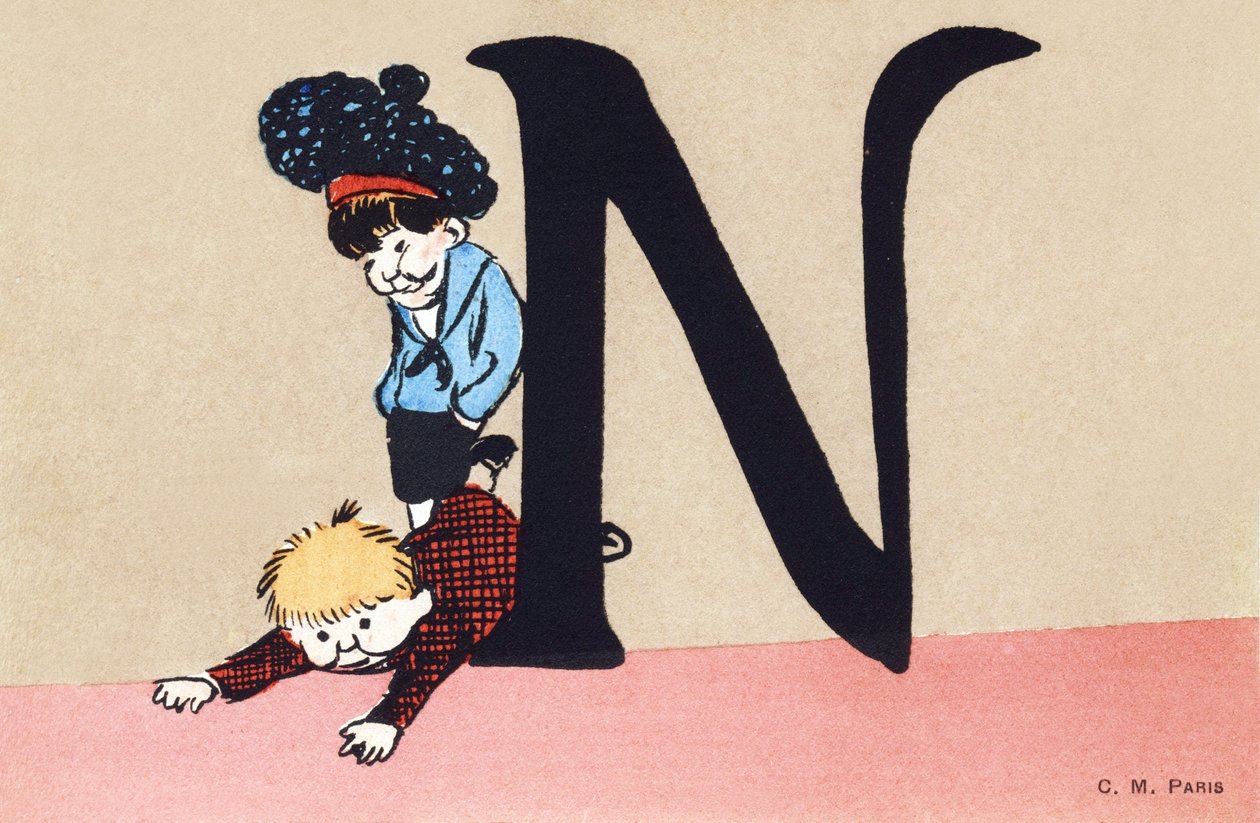 N for hån - børnealfabetet. C.M.-redaktør, Paris. Håndmalede postkort, frankeret i 1904. Mål: 14 x 9 cm af Unbekannt