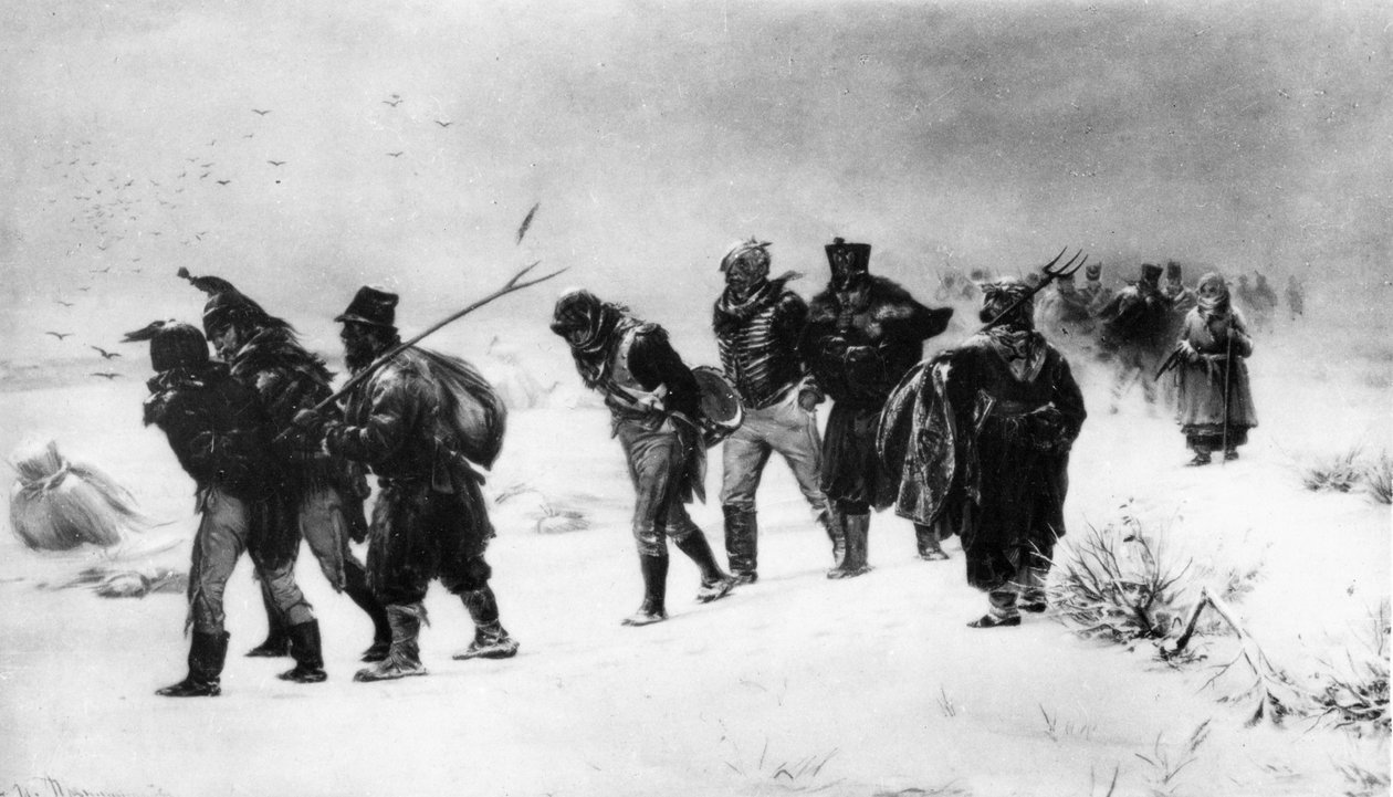 Napoleonskrigen i 1812, tilbagetrækning af den franske hær i 1812, fra et maleri af Pryanishnakov. af Unbekannt