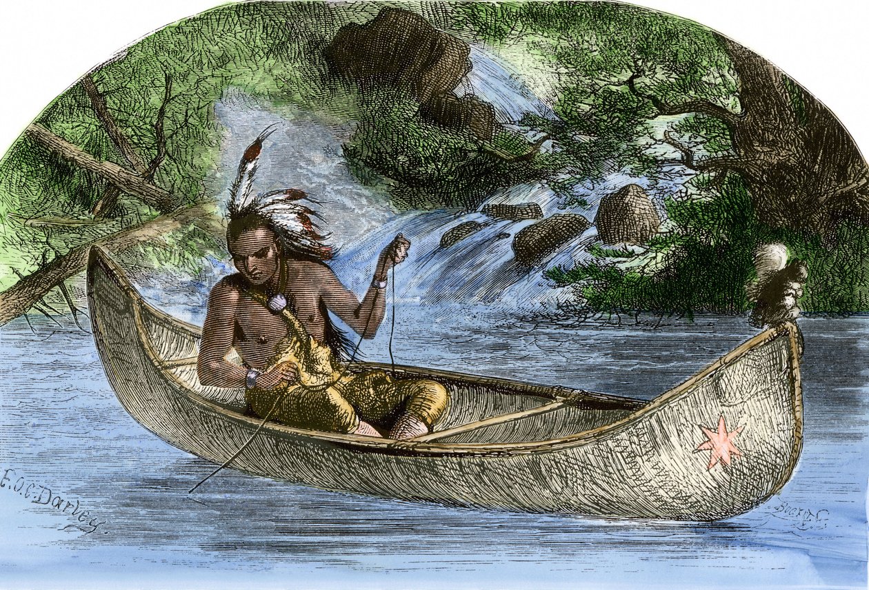Amerikas oprindelige befolkning: Indianere. Hiawatha fisker i en kano. Farvestik fra det 19. århundrede. af Unbekannter Künstler