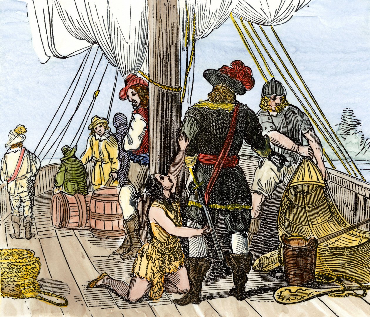 Indfødt befolkning i Amerika: Indianere. Pocahontas taget til fange ombord på et skib fra Jamestown. Farvestik fra det 19. århundrede. af Unbekannter Künstler