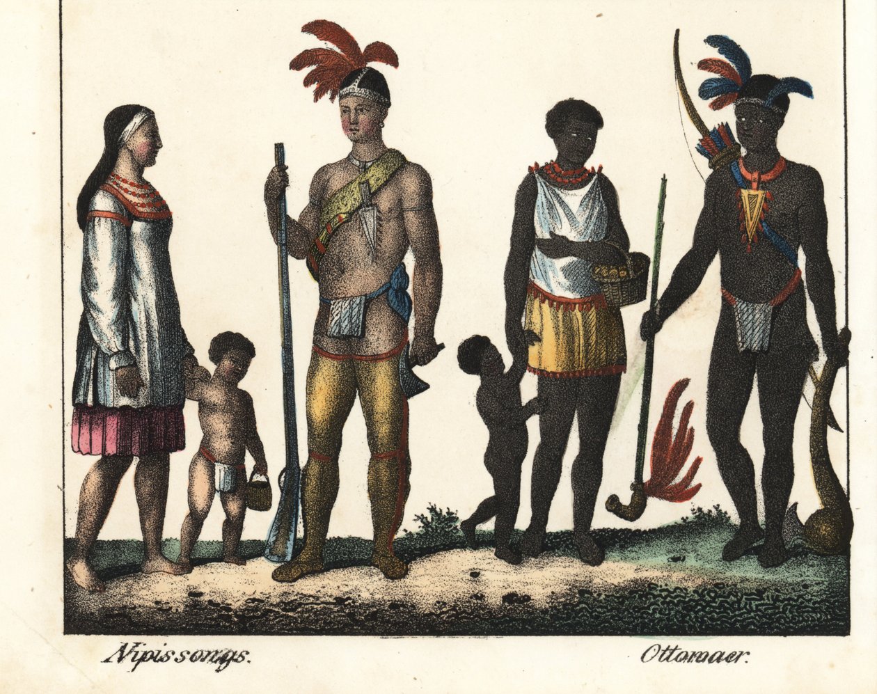 Indfødt i Canada: en familie af indianere fra Nipissing-søen og en familie af indianere fra Ottawa-området. Litografi til bogen: "Galerie complete en tableaux fideles des peuples d