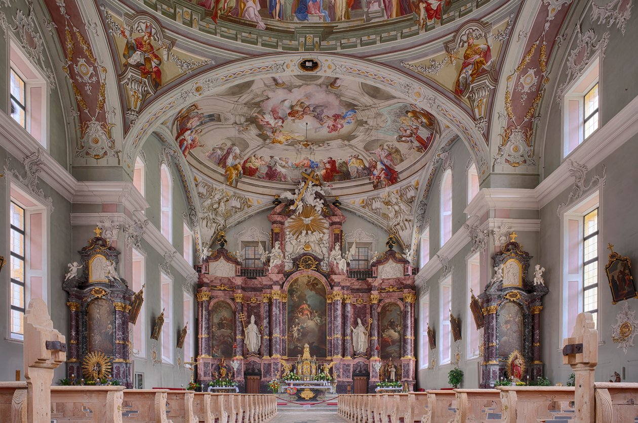 Skib, alter, loftmaleri, interiør fotografi, St. George Catholic Parish Church, Neustift, Stubai Valley, Tyrol, Østrig, Europa (foto) af Unbekannter Künstler