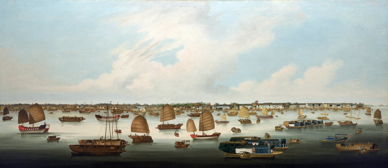 "Sejlads på Perlefloden (eller Zhu Jiang, Canton-floden) ud for Henan-øens kyst med udsigt til de europæiske fabrikker i Canton (Kina). af Unbekannter Künstler