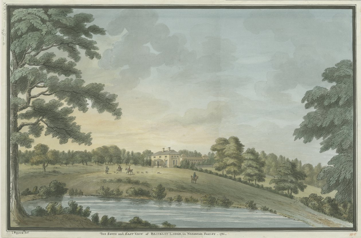 Needwood - Brickley Lodge: vandfarvemaleri, 1786 af Unbekannt