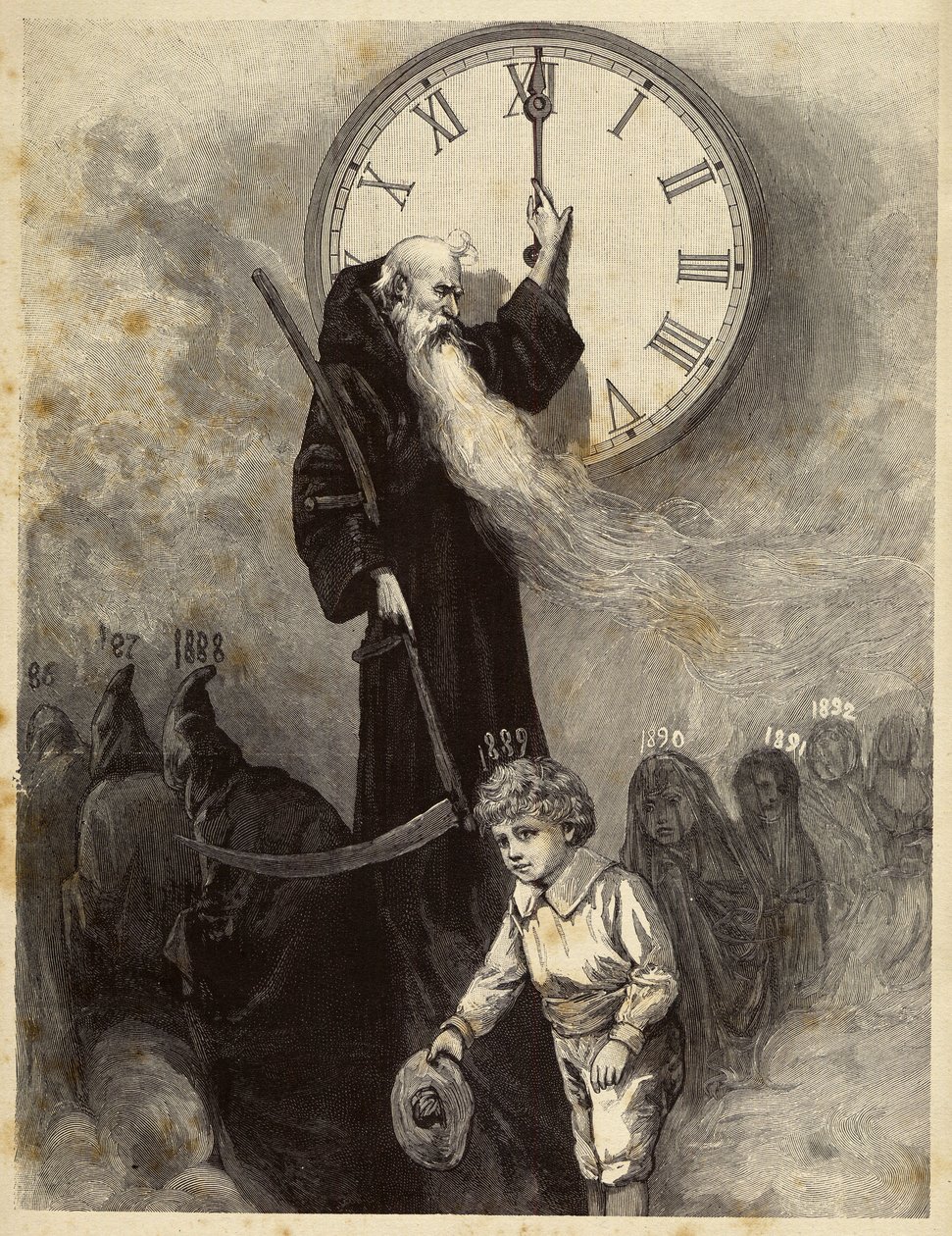 Nytårsallegori 1889, der viser en gammel hvælving, som symboliserer det gamle år, der giver plads til en smilende lille dreng, som symboliserer det nye år. Tiden ser på scenen ved at dreje viserne på et ur. Gravering fra det 19. århundrede af Unbekannter Künstler