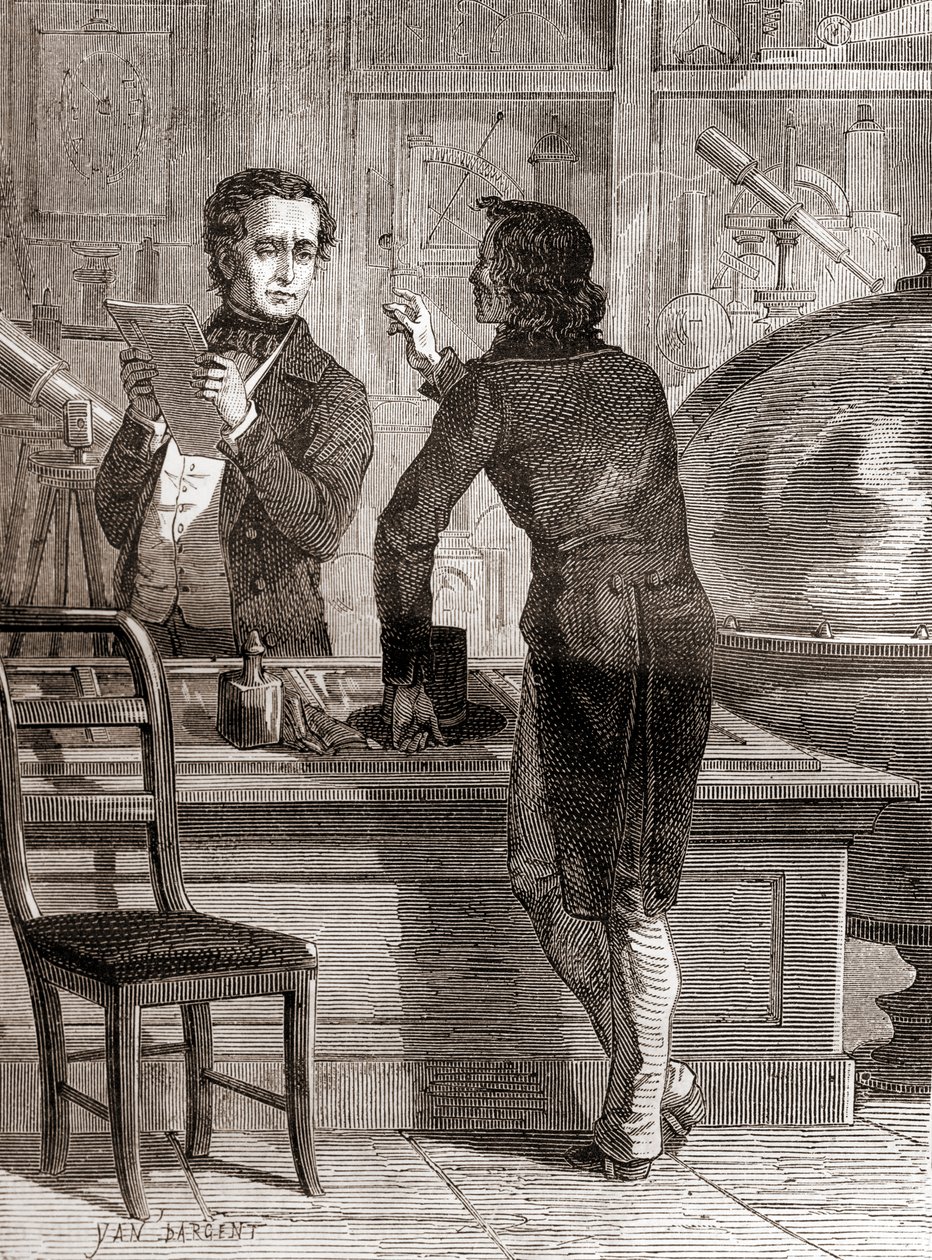Nicéphore Niépce, mens den stadig er ukendt og fattig, i Charles Chevaliers optik- og instrumentbutik, fra Les Merveilles de la Science, udgivet ca. 1870 (gravering) af Unbekannt