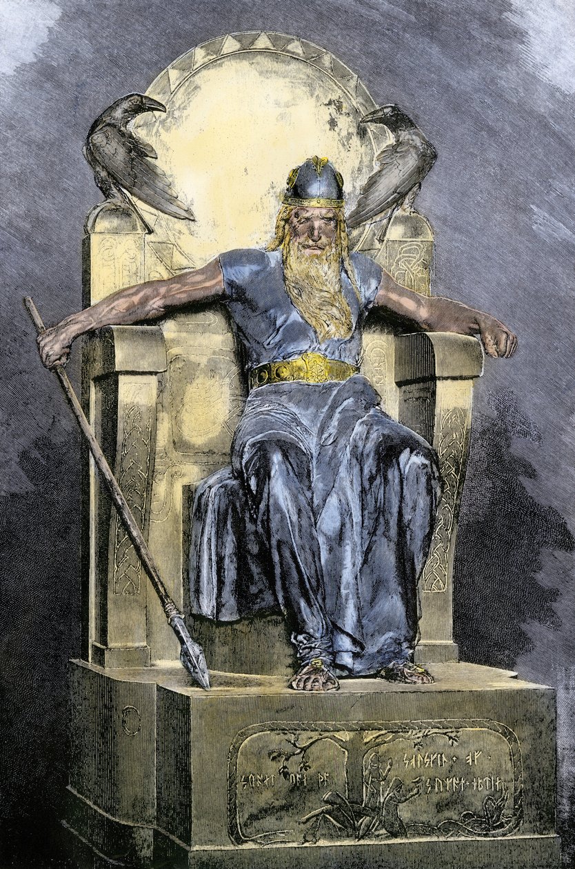 Nordisk mytologi: repræsentation af guddommen Wotan (Odin). Farvestik fra det 19. århundrede. af Unbekannter Künstler