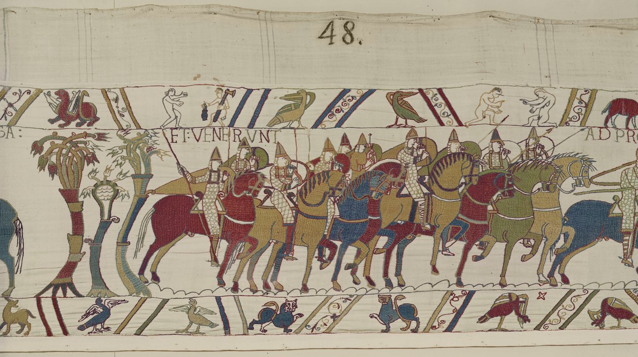 Normanniske soldater forlader Hastings for at kæmpe med Harold, Bayeux Tapestry (uldbroderi på hør) af Unbekannt