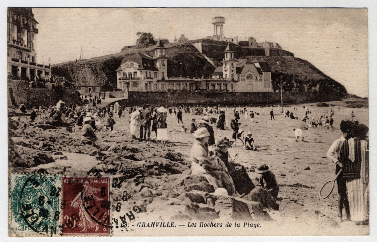Normandiet, Manche (50), Granville: strandens klipper - Postkort dateret 1926 af William M. Timlin
