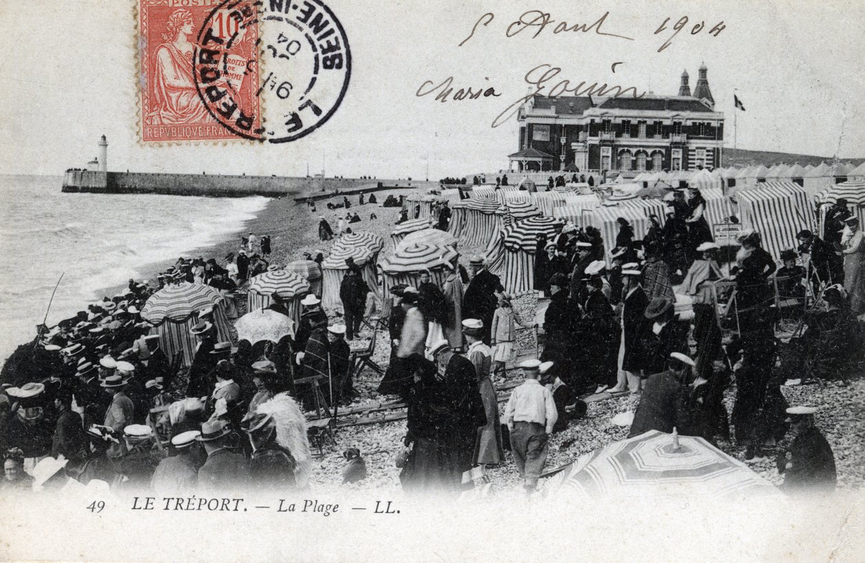 Normandiet, Seine Maritime (76), Treport: mængden af feriegæster på stranden og kasinoet i baggrunden - Postkort dateret 1904 af William M. Timlin