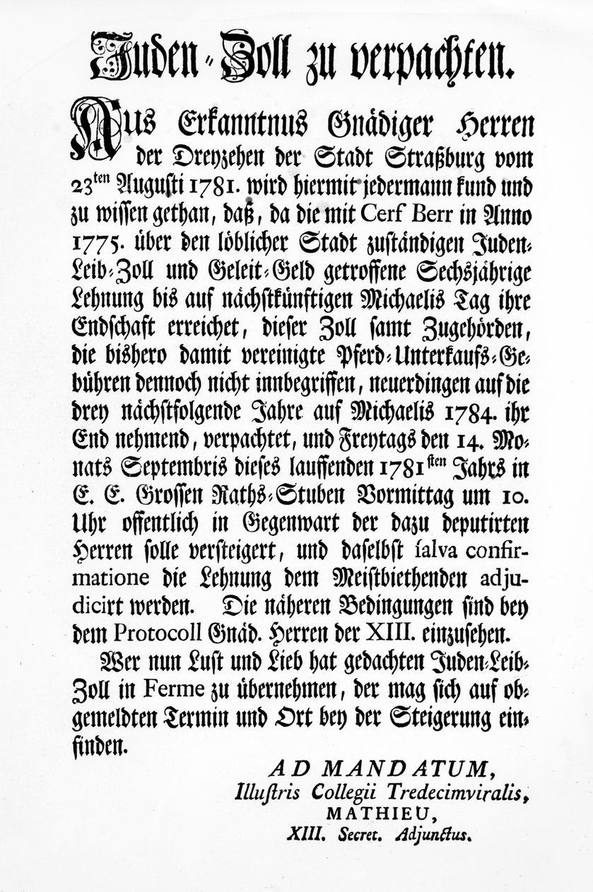 Meddelelse fra Strasbourgs styrende organ for de tretten (Tredecim Viri) om en offentlig auktion over retten til at opkræve 