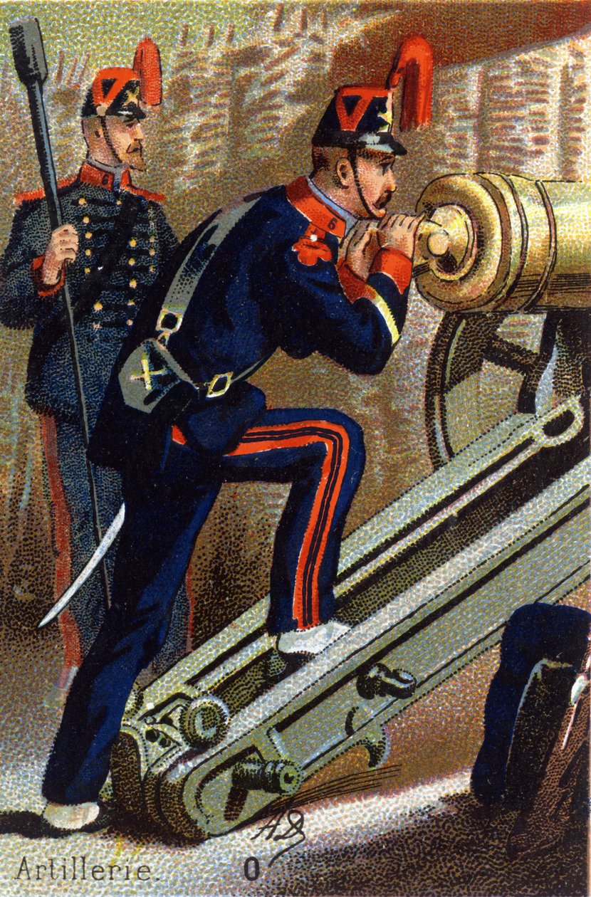 O: Artilleri. Indgravering i "Militæralfabet". Illustratorens initialer: A. D. Ukendt forlag. Kromolitografier sidst i det 19. århundrede. Mål: 10,5 x 7 cm. af Unbekannt