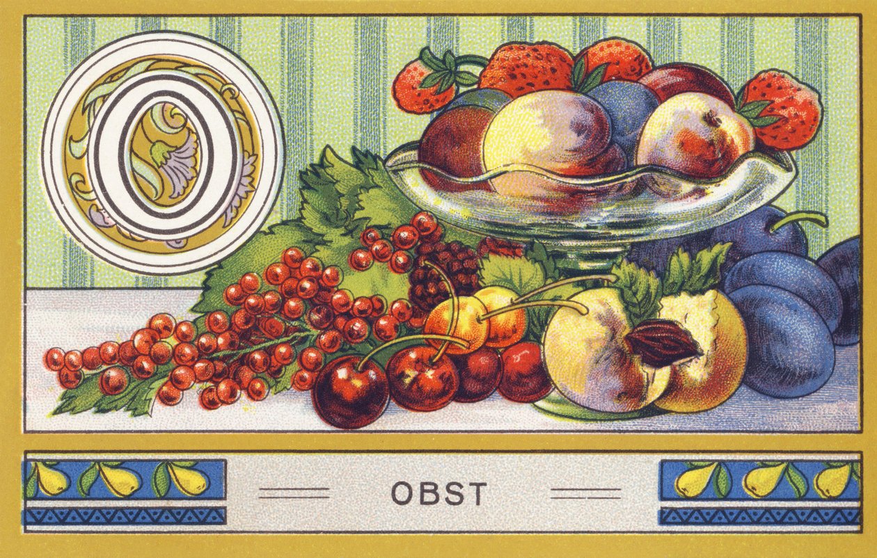 O : Frugt - Alfabet Palmin. Serie af kromolitografier redigeret af H. Schlinck & Cie, Hamburg, s.d. . Publicite pour Palmin fineste kokosfedt. Mål: 7 x 11 cm af William M. Timlin