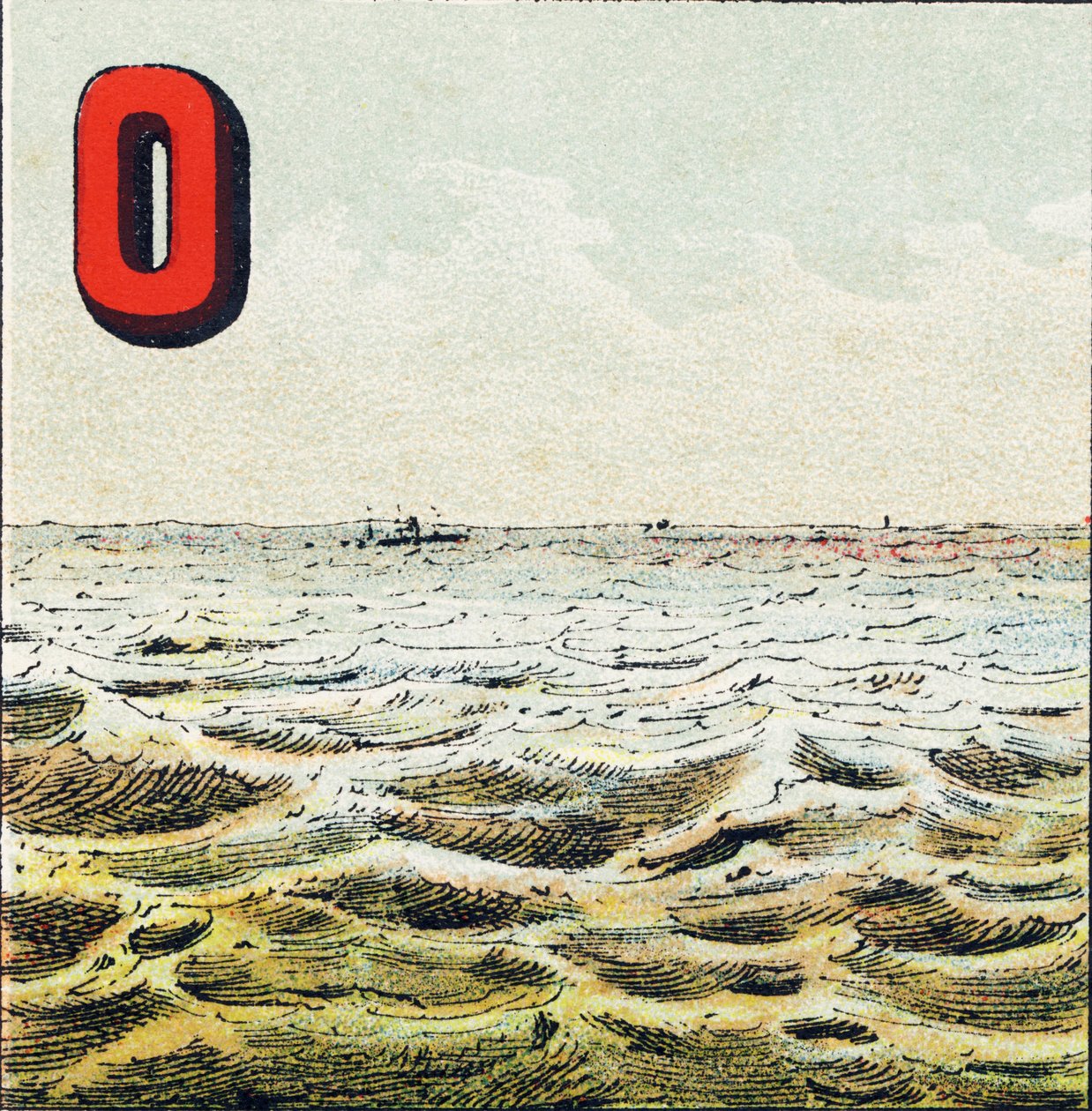 O: Havet. Umålelig flade af vand, der omgiver Jorden. Havvand er salt; manden kan ikke drikke det - Gravering udtrukket fra Geografisk alfabet. Guerin-Muller et Cie, forlag, Paris af Unbekannt