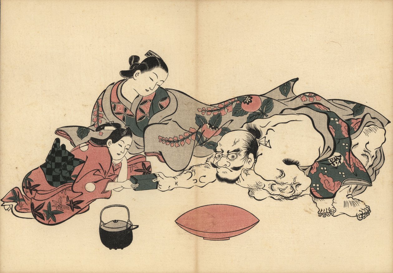 Oiran-kurtisanen overværer en styrkeprøve mellem sin kamuro (tjenestepige) og Kinpira, den berømte stærke mand. En kande med sake og en drikkeskål foran. Træsnit af Masanobu Okumura (1686-1764) fra Fuzoku Emakimono, Picture Scroll of the Water Trade, To af Unbekannter Künstler