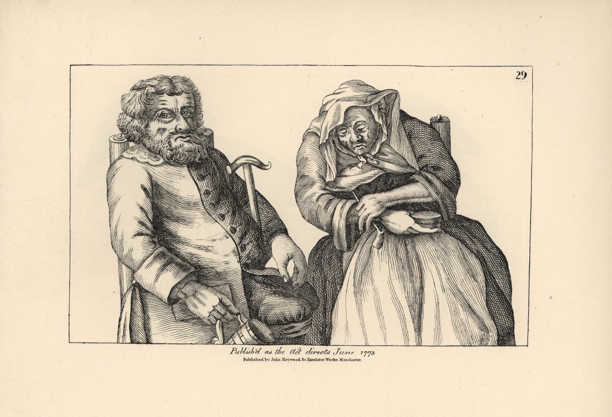 Gamle Darby med tomt krus og Joan med sin tobakspibe. Kobberstik efter en satirisk illustration af Timothy Bobbin (John Collier) (1708-1786) fra Human Passions Delineated, John Haywood, Manchester af Unbekannter Künstler