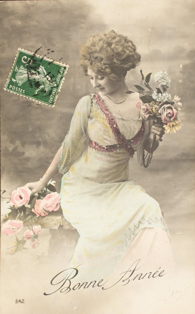 Gammelt postkort/Godt år/Ønske/Woman Belle Epoque af William M. Timlin
