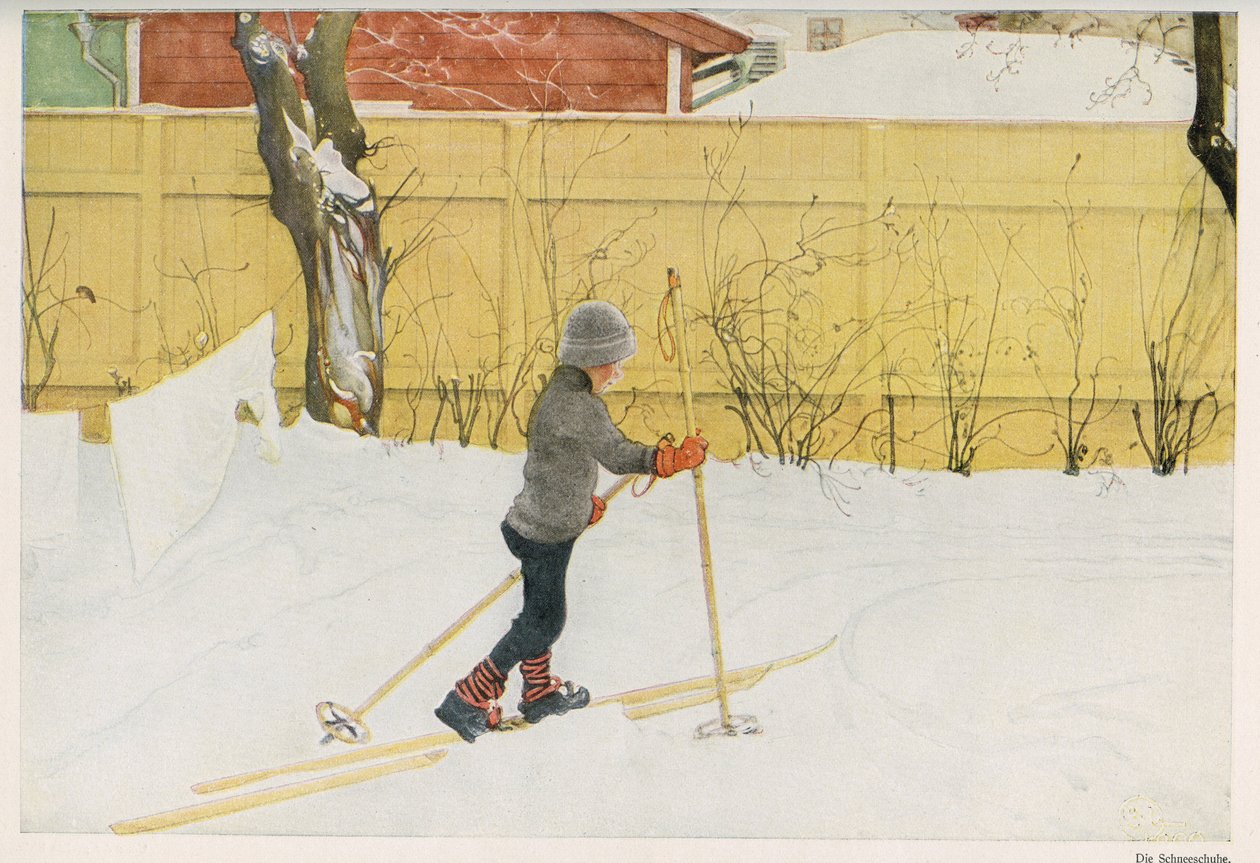 Et af den svenske illustrator Carl Larssons (1853-1919) børn, der lærer at bevæge sig på ski. Tegning fra "" Das haus in der sonne"" 1921 af Unbekannt