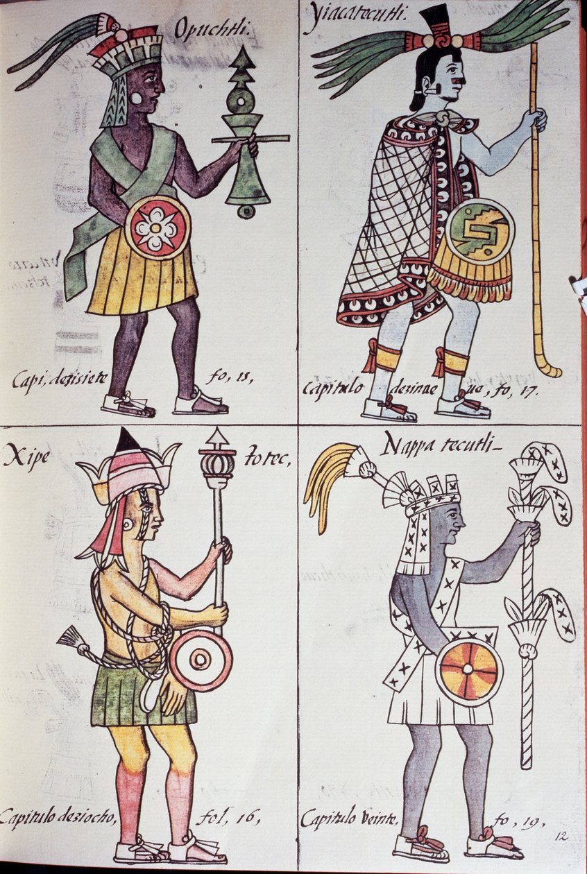 Opochtli, Xipe Totec, Yacatecuhtli og Nappatectli, Side fra Florentine Codex, General History of Things of New Spain, Aztec af Benjamin Baud