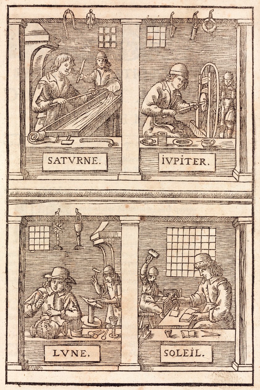 Guldsmede og alkymistiske symboler: Saturn og bly, Jupiter og tin, Måne og sølv, Sol og guld - Guldsmede og sølvsmede Alkymistisk symbolik af Unbekannt