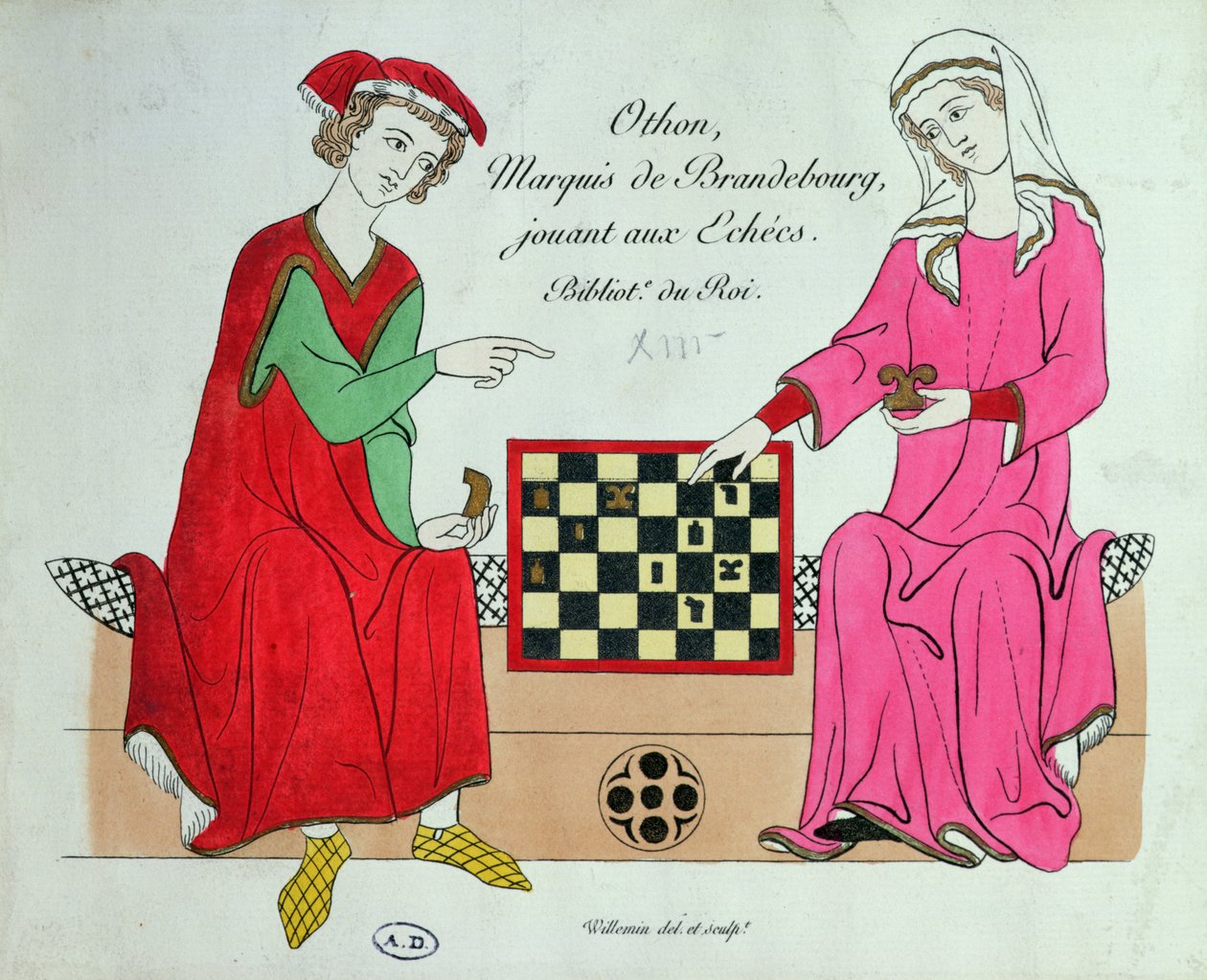 Otto IV, markis af Brandenburg, spiller skak med en dame, illustration fra en faksimile af Manesse Codex eller Grosse Heidelberger Liederhandschrift, lavet i Zuerich c.1305-40 (farve litho) af Unbekannt