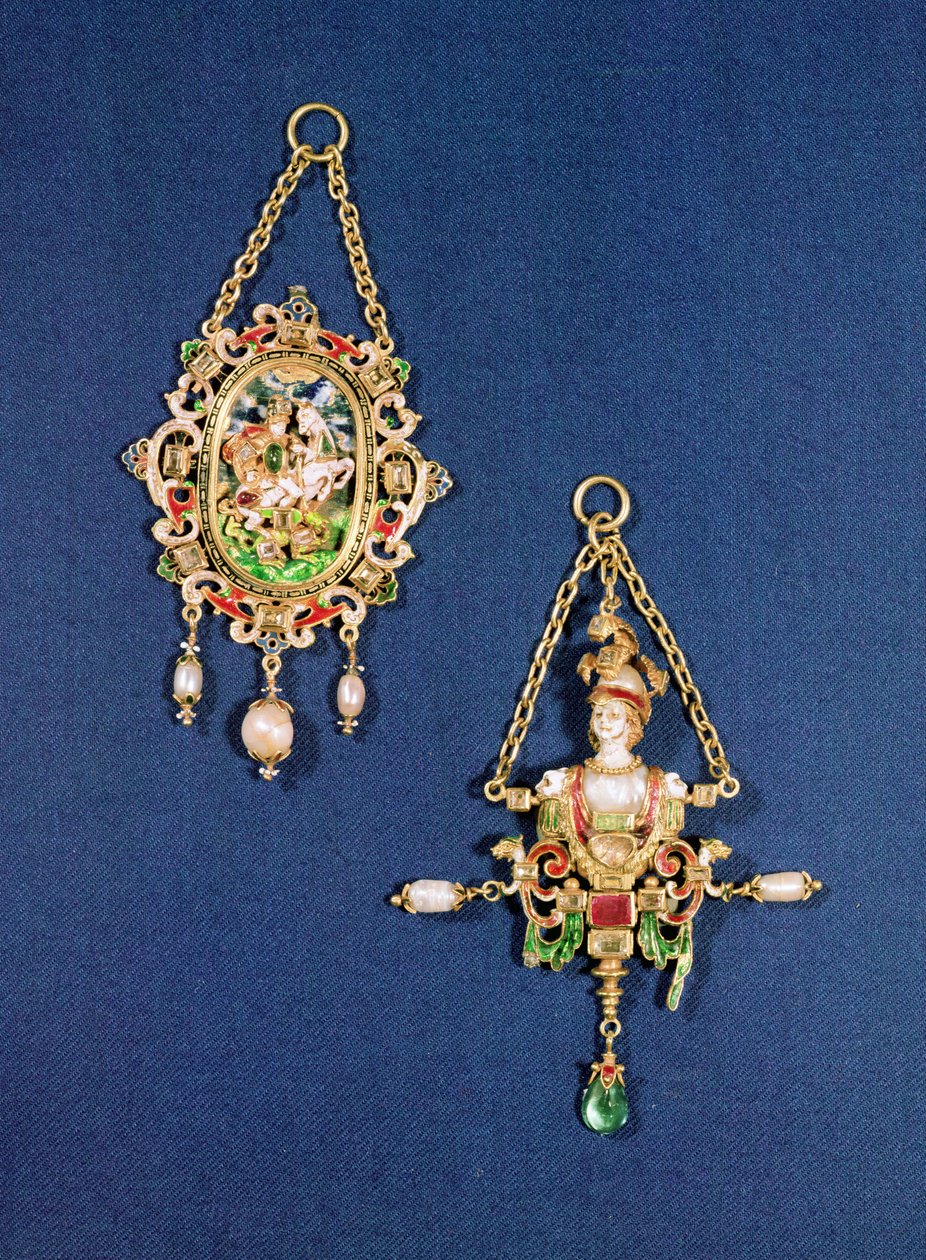Oval vedhængsjuvel, der viser St. George, der dræber dragen, nordeuropæisk, ca. 1600; Vedhængssmykke i form af en buste af Minerva, sydtysk, ca. 1570 af Unbekannt