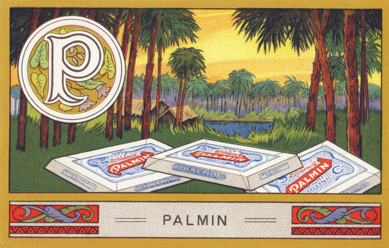 P : Palmine - Alfabet Palmine. Serie af kromolitografier redigeret af H. Schlinck & Cie, Hamburg, s. d. . Annonce for Palmins fineste kokosfedt. Mål: 7 x 11 cm af William M. Timlin
