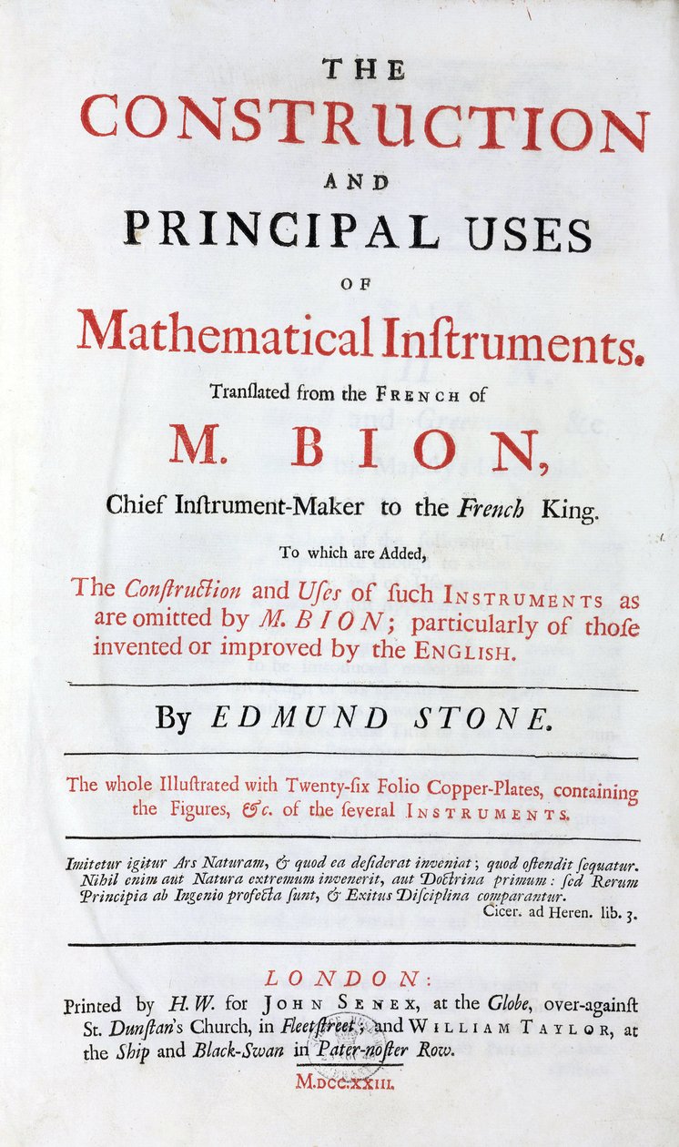 Titelside på bogen af ​​Nicolas Bion (1652-1933) om matematiske instrumenter, engelsk oversættelse, med tilføjelse af "English improvements", udgivet i London i 1723 af Unbekannt