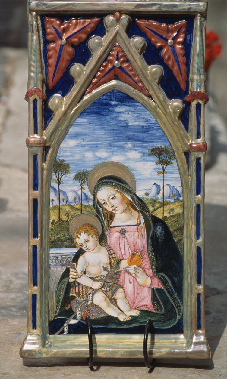 Malede keramiske fliser forestillende Madonna og barn, Gualdo Tadino, Umbrien, Italien af William M. Timlin