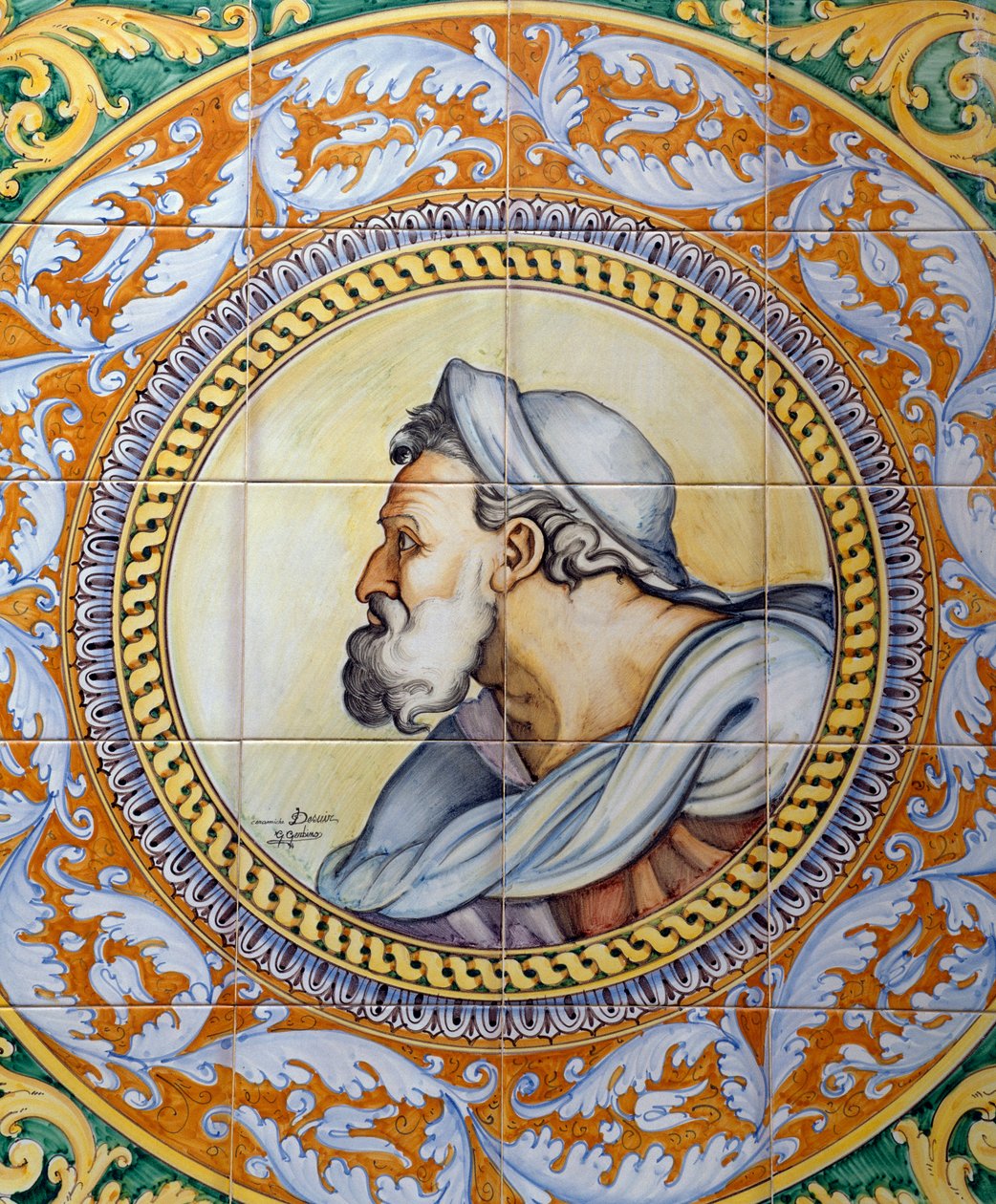 Malet maiolica panel, der forestiller en gammel mands hoved i stil med Michelangelo, lavet af Ceramiche Desuir, Santo Stefano di Camastra, Sicilien, Italien, Detail af William M. Timlin