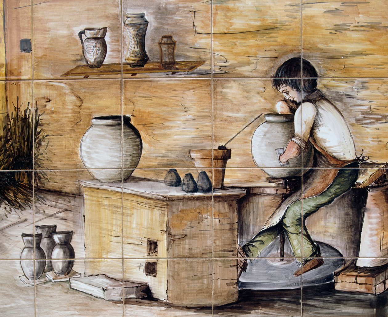 Malet maiolica-panel, der viser scene for keramikfremstilling, håndlavet af Ceramiche Desuir, Santo Stefano di Camastra, Sicilien, Italien, Detail af William M. Timlin
