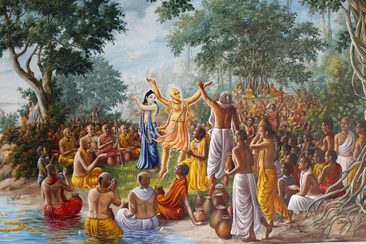 Maleri på Bhaktivedanta Manor forestillende Lord Caitanya, Lord Nityananda og deres tilhængere på bredden af floden Ganges. af Unbekannt