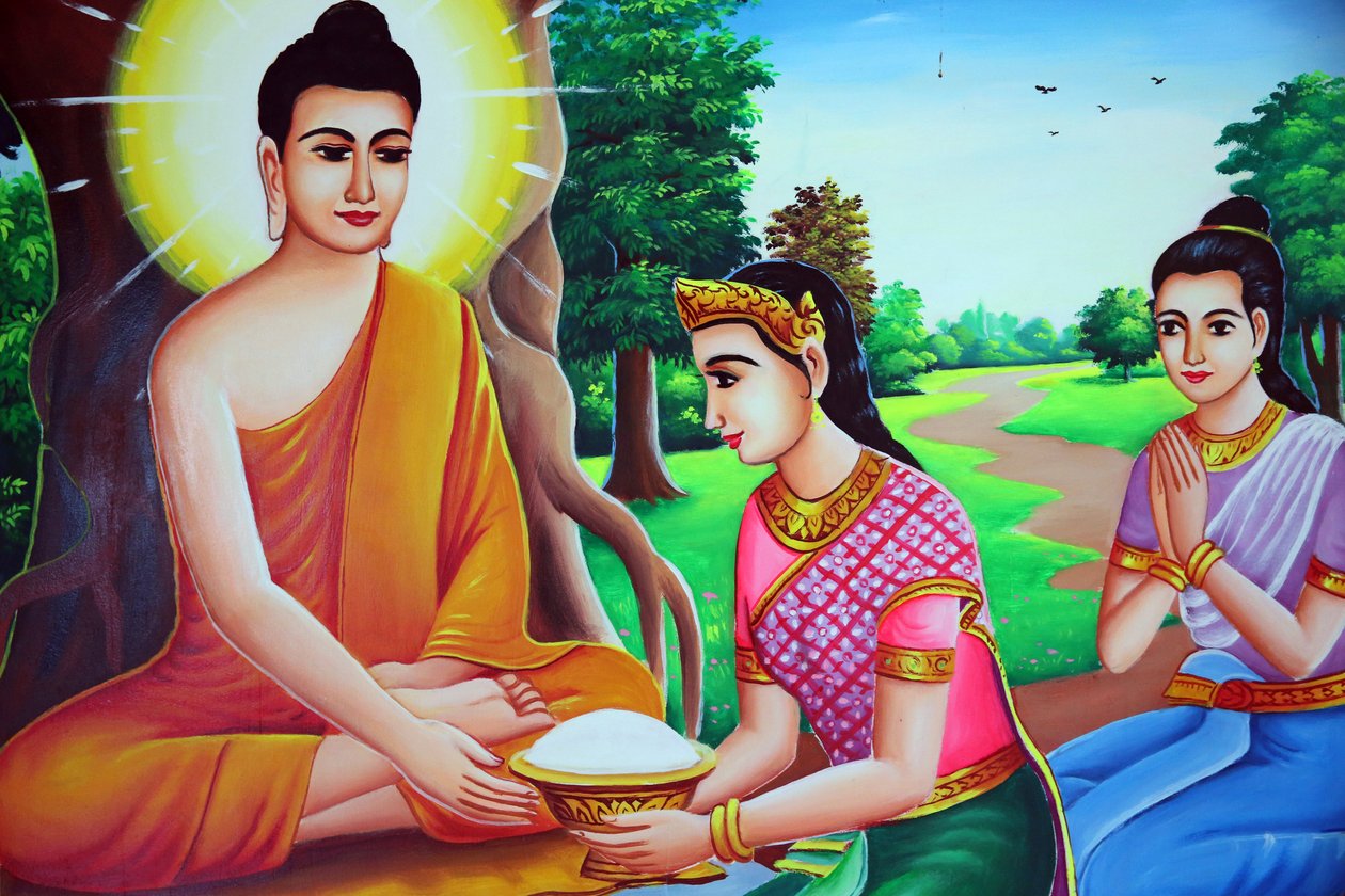 Maleri, der forestiller Buddha, der modtager ofre. Cambodja af Unbekannt