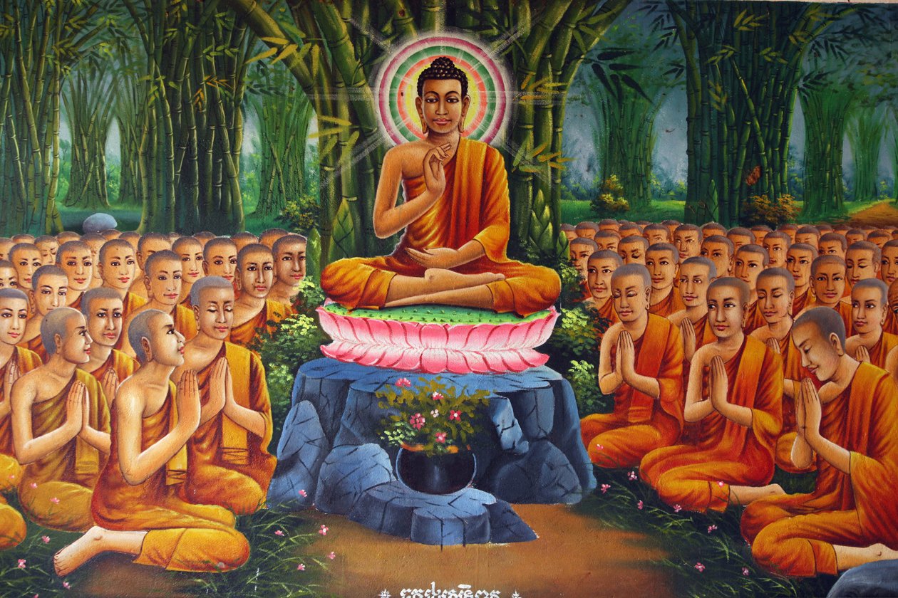 Maleri, der forestiller Buddhas undervisning til munkene Udong Cambodge af Unbekannt