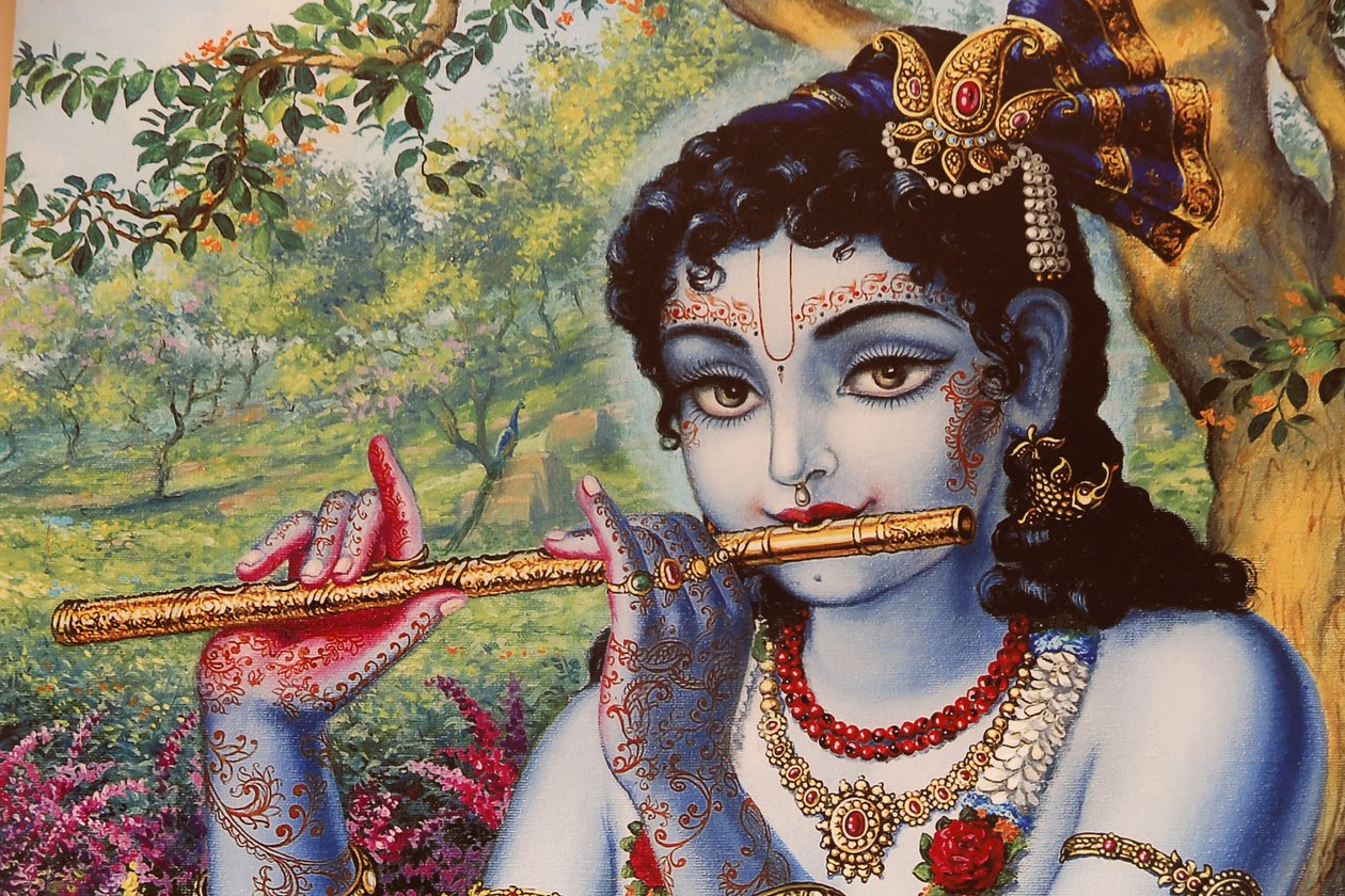 Maleri, der forestiller den hinduistiske gud Krishna, der spiller på fløjte udendørs. Indien af Unbekannt