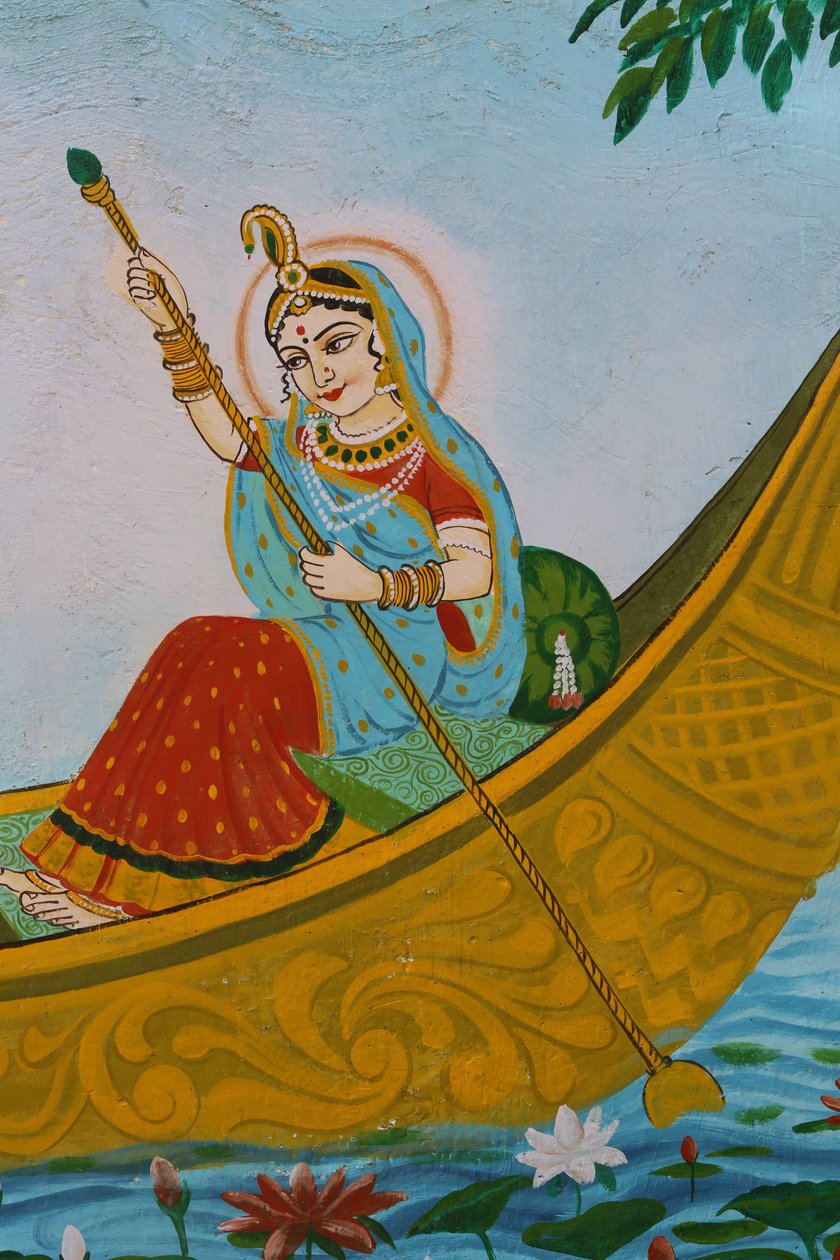 Maleri, der forestiller Sri Radha (Krishnas gemalinde), der ror en båd. Indien af Unbekannt