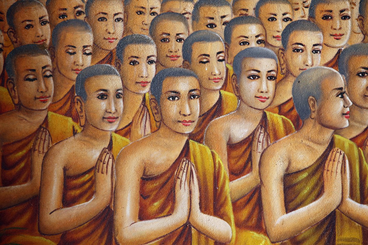 Maleri af munke (lytter til Buddha) Udong Cambodge af Unbekannt