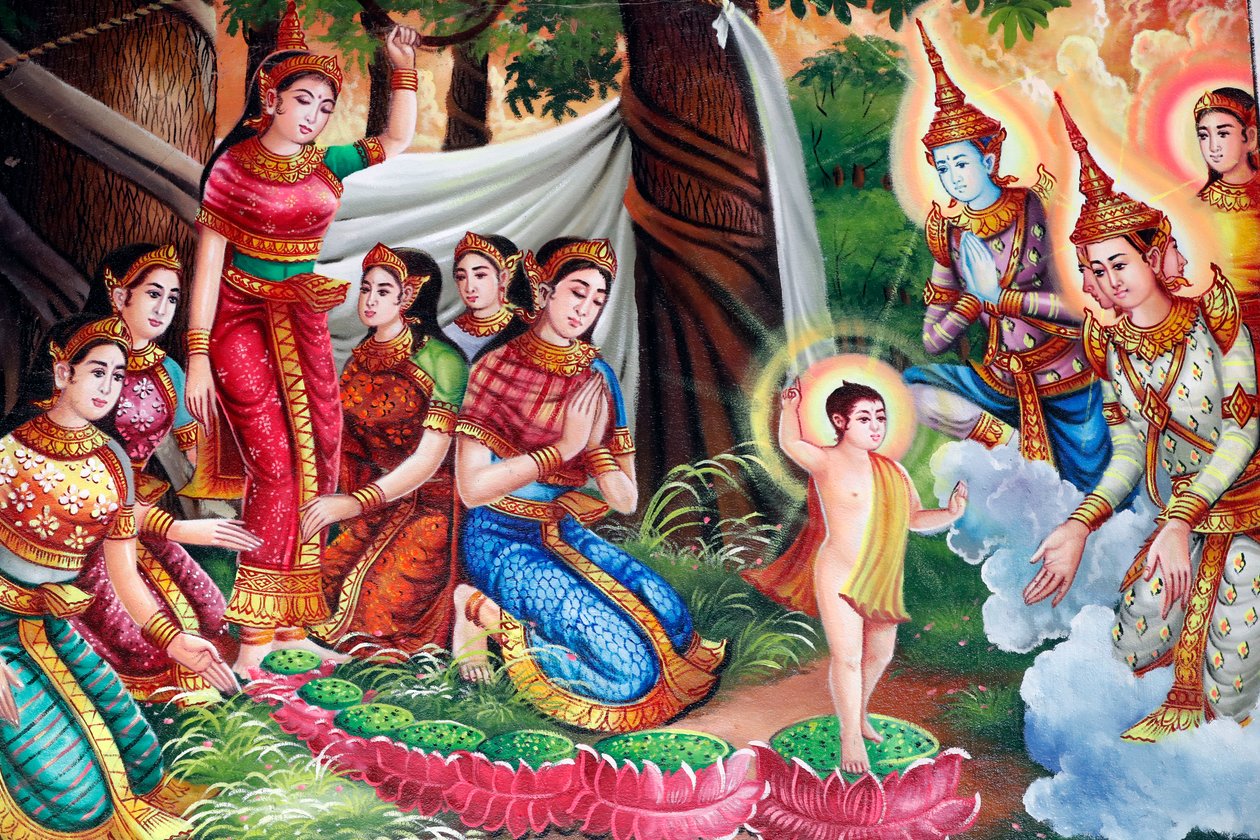 Maleri, der skildrer Shakyamuni Buddhas livshistorie. Buddhas fødsel i Lumbini-lunden. Kep. Cambodja. (Foto) af Unbekannt