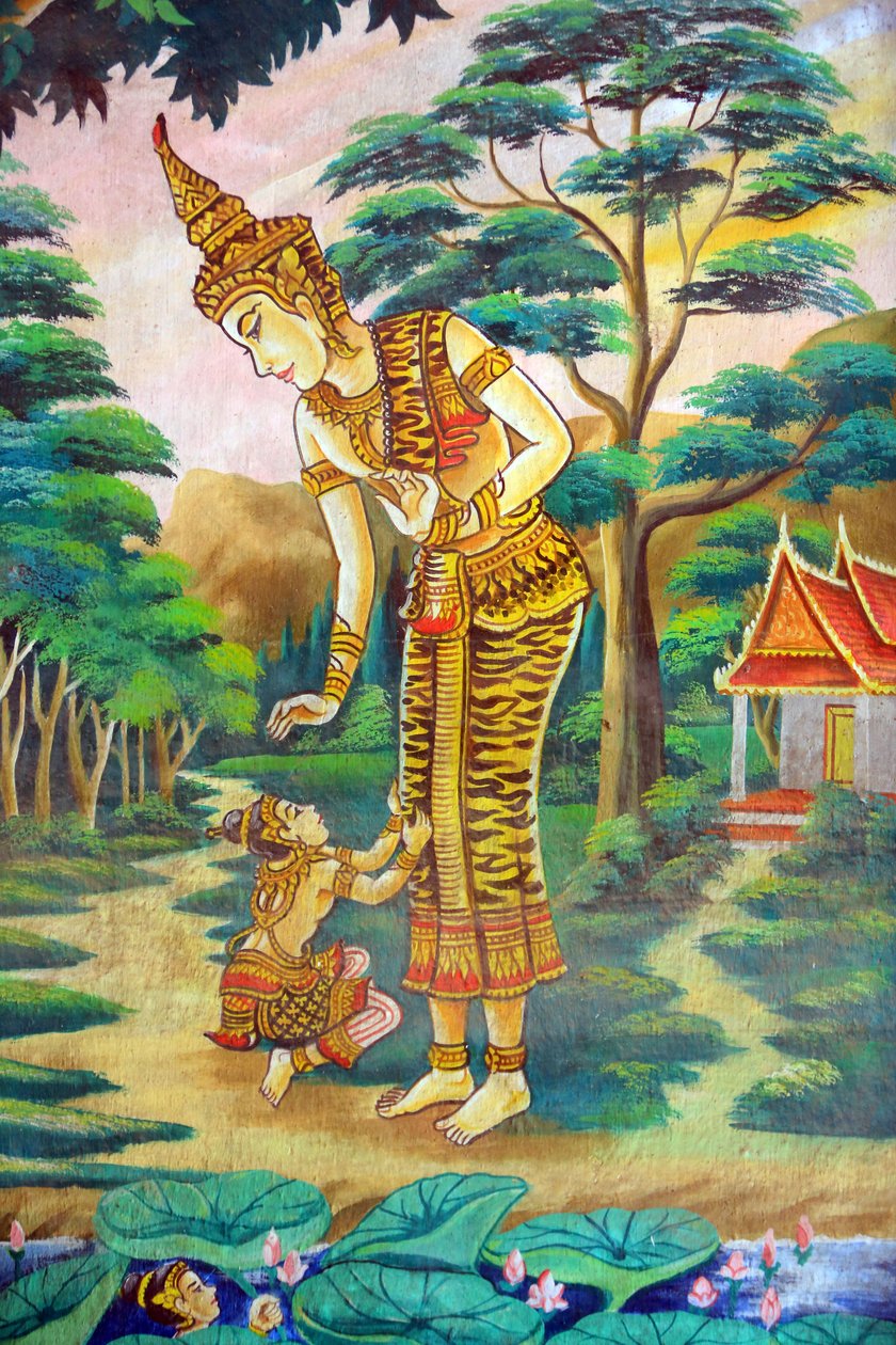 Maleri, der skildrer Shakyamuni Buddhas livshistorie. Wat Naxai. Vientiane. Laos, 20151106, Vientiane, Laos af Unbekannt