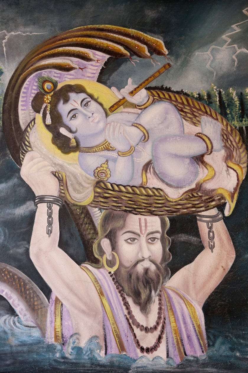 Maleri i Gokul: Krishna som baby båret over Yamuna-floden af Vasudeva. Indien af Unbekannt