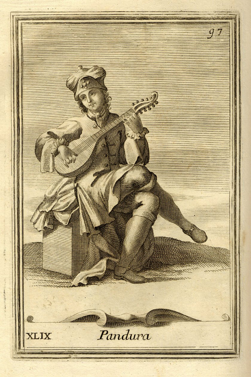 Pandura-strengeinstrument af byzantinsk oprindelse, forfader til mandolin. I "Gabinetto Armonico" af Filippo Bonanni, Rom af Unbekannter Künstler