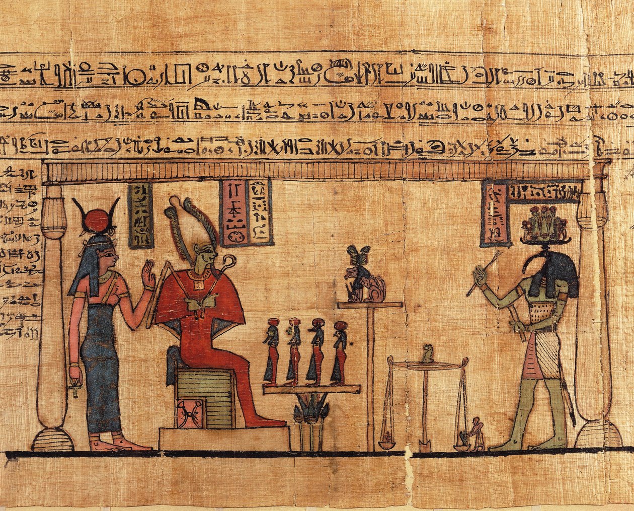 Papyrus fra Ousirours første vejrtrækningsbog, Ousirours Thoth vejende sjæl før Isis og Osiris af Alec Hunter