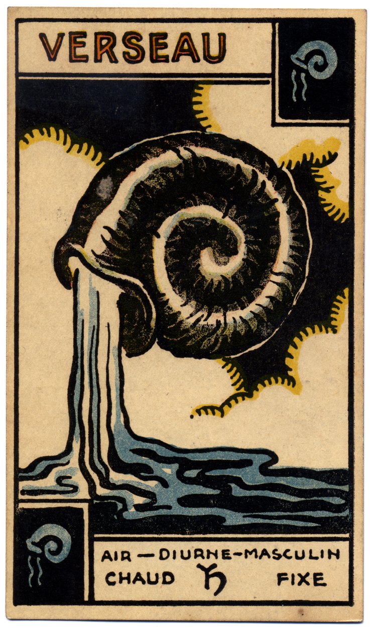 Paranormalt. Astrologi. Vandmanden (vandbæreren). Astrologisk kort fra: Le Tarot Astrologique (Astrologisk Tarot), af Georges Muchery, Frankrig af Unbekannter Künstler