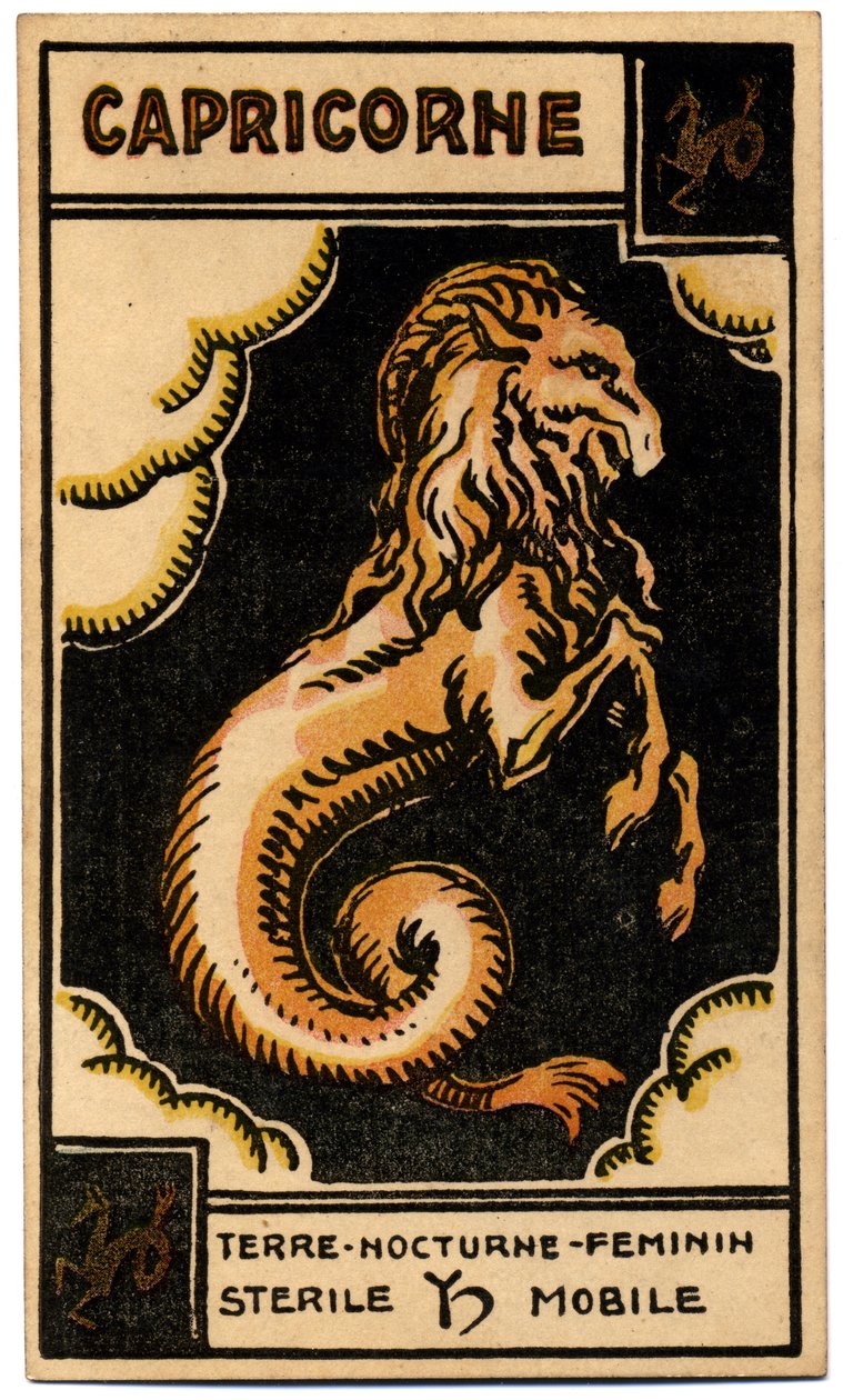Paranormalt. Astrologi. Stenbukken (Havet fik). Astrologisk kort fra: Le Tarot Astrologique (Astrologisk Tarot), af Georges Muchery, Frankrig af Unbekannter Künstler