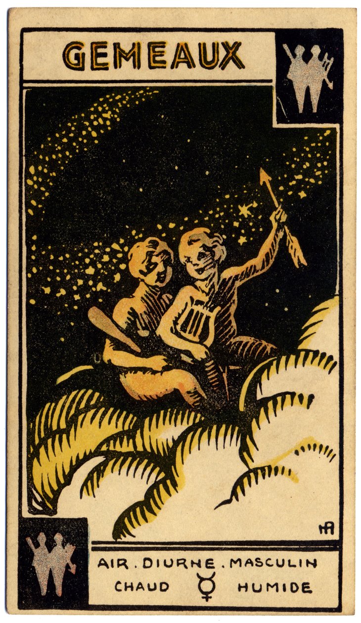 Paranormalt. Astrologi. Tvillingerne (Tvillingerne). Astrologisk kort fra: Le Tarot Astrologique (Astrologisk Tarot), af Georges Muchery, Frankrig af Unbekannter Künstler