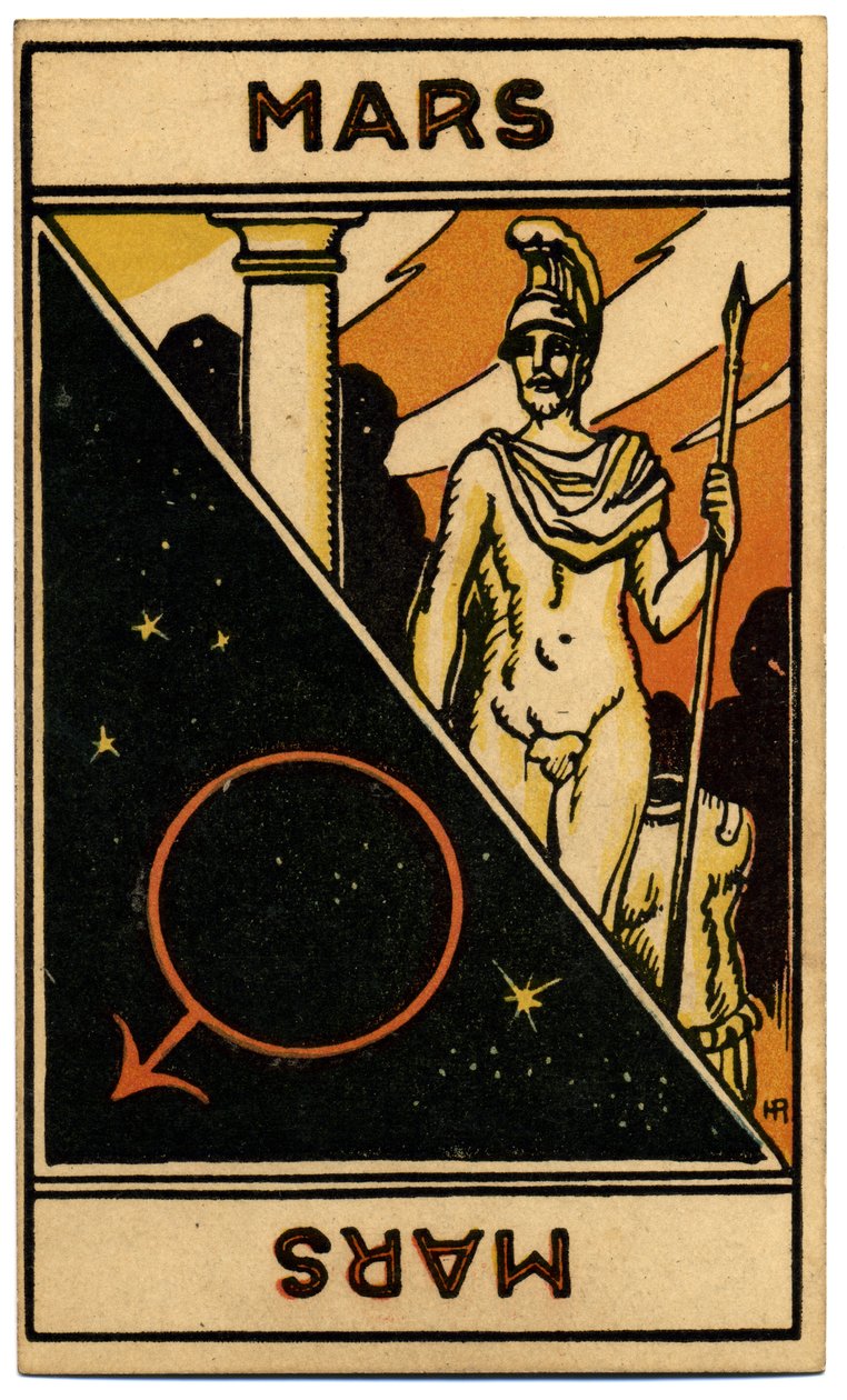 Paranormalt. Astrologi. Mars (planet). Astrologikort fra: Le Tarot Astrologique (Astrologisk Tarot), af Georges Muchery, Frankrig af Unbekannter Künstler