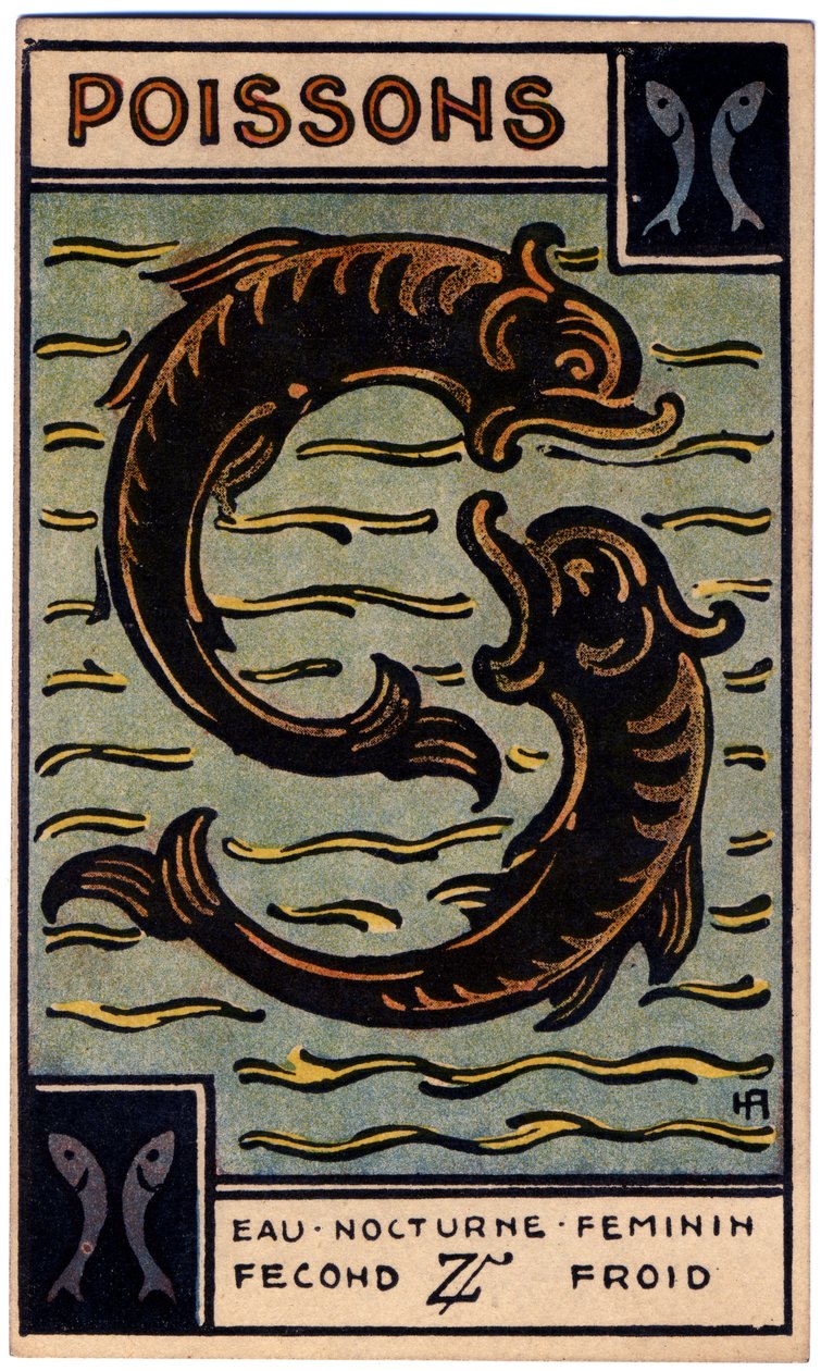 Paranormalt. Astrologi. Fiskene (fisken). Astrologisk kort fra: Le Tarot Astrologique (Astrologisk Tarot), af Georges Muchery, Frankrig af Unbekannter Künstler