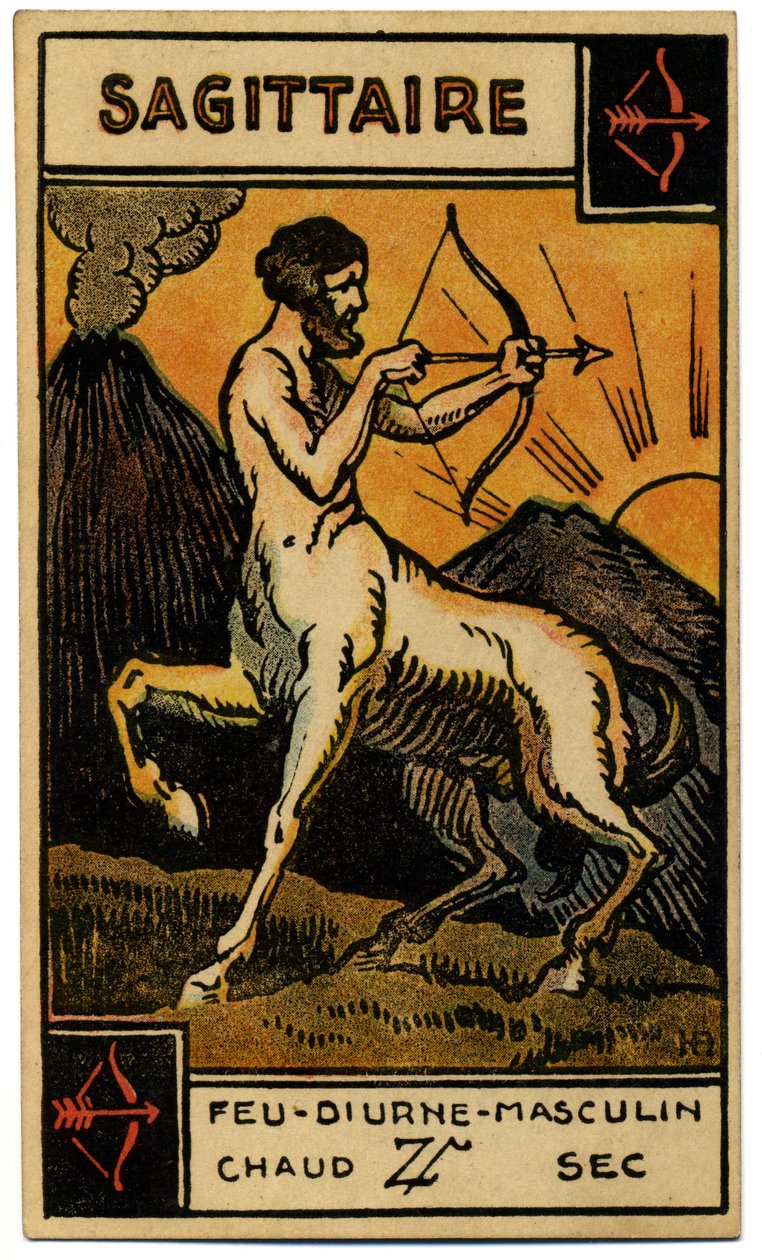 Paranormalt. Astrologi. Skytten (bueskytten). Astrologisk kort fra: Le Tarot Astrologique (Astrologisk Tarot), af Georges Muchery, Frankrig af Unbekannter Künstler