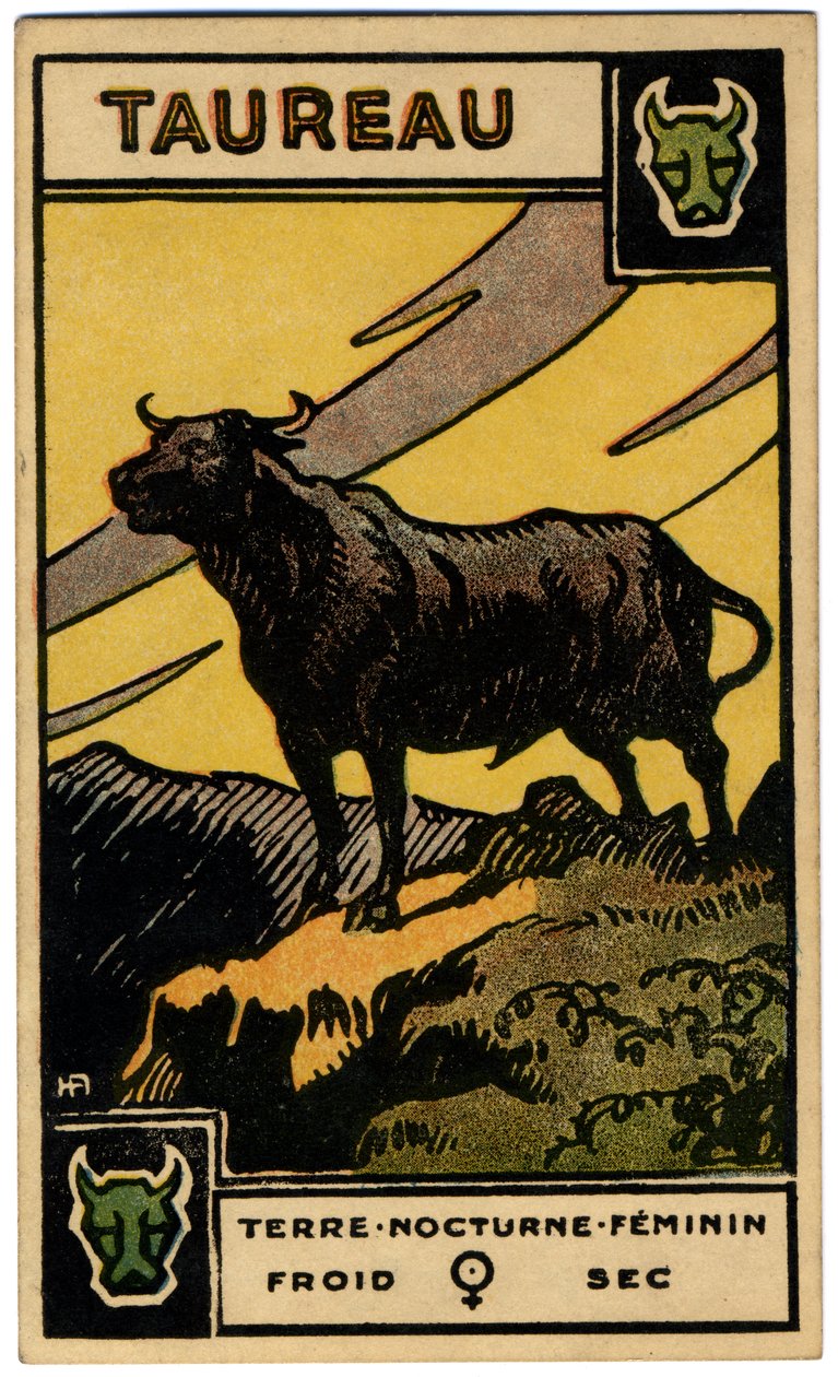 Paranormalt. Astrologi. Tyren (tyren). Astrologisk kort fra: Le Tarot Astrologique (Astrologisk Tarot), af Georges Muchery, Frankrig af Unbekannter Künstler