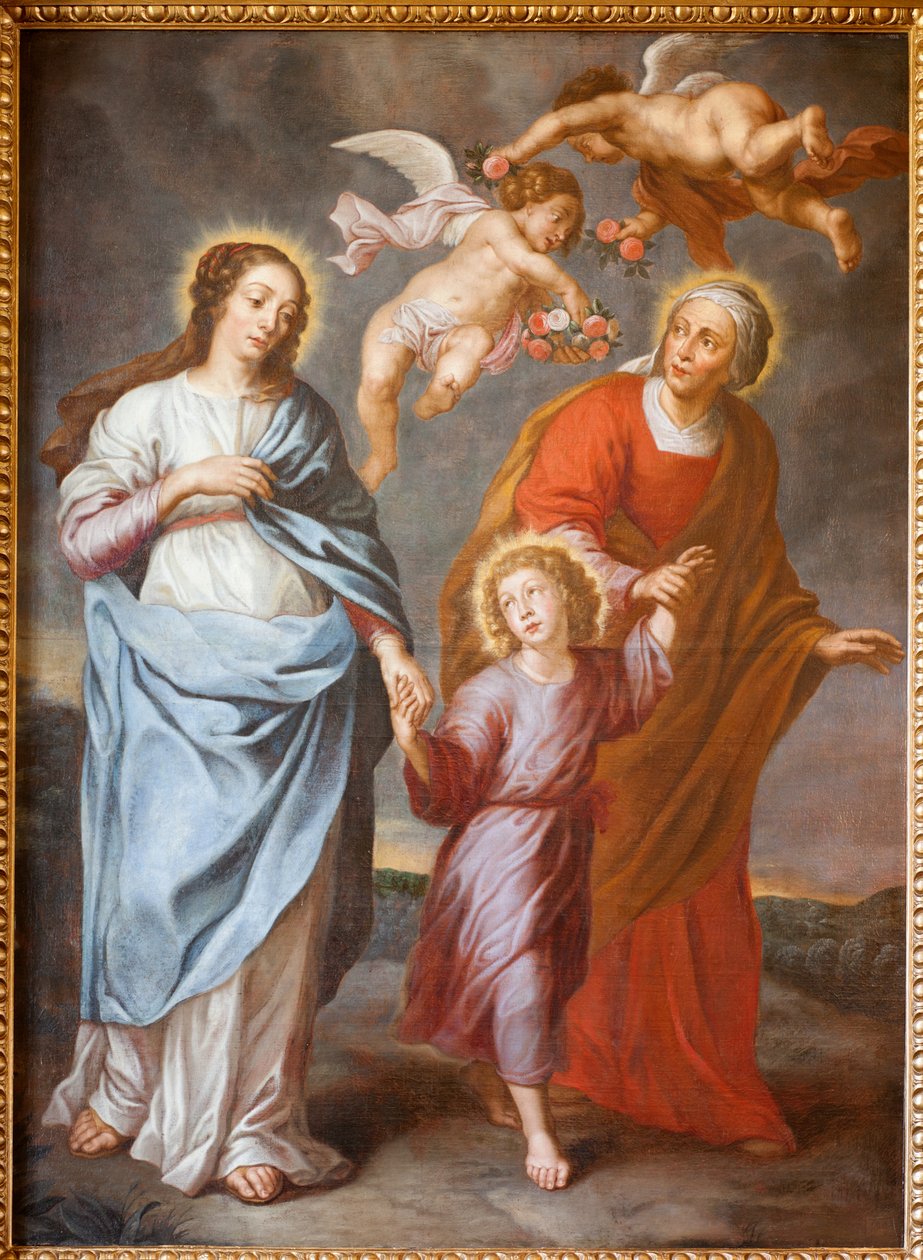 Sognekirke (Parochiale kerk Sint-Dionysius van Lede). Indre. nordlige sideskib. Alteret. Maleri. Den hellige familie. af Unbekannter Künstler
